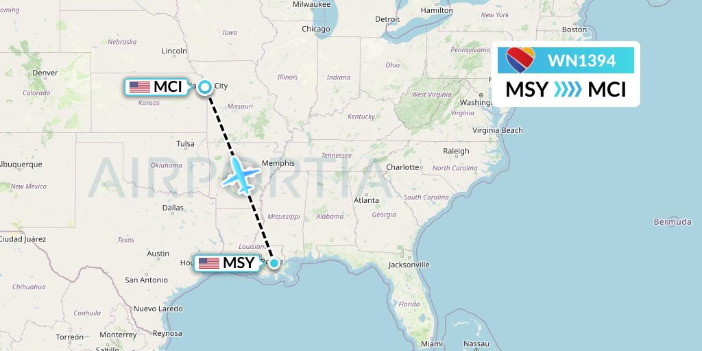 WN1394 Southwest Airlines Flight Map: New Orleans to Kansas City