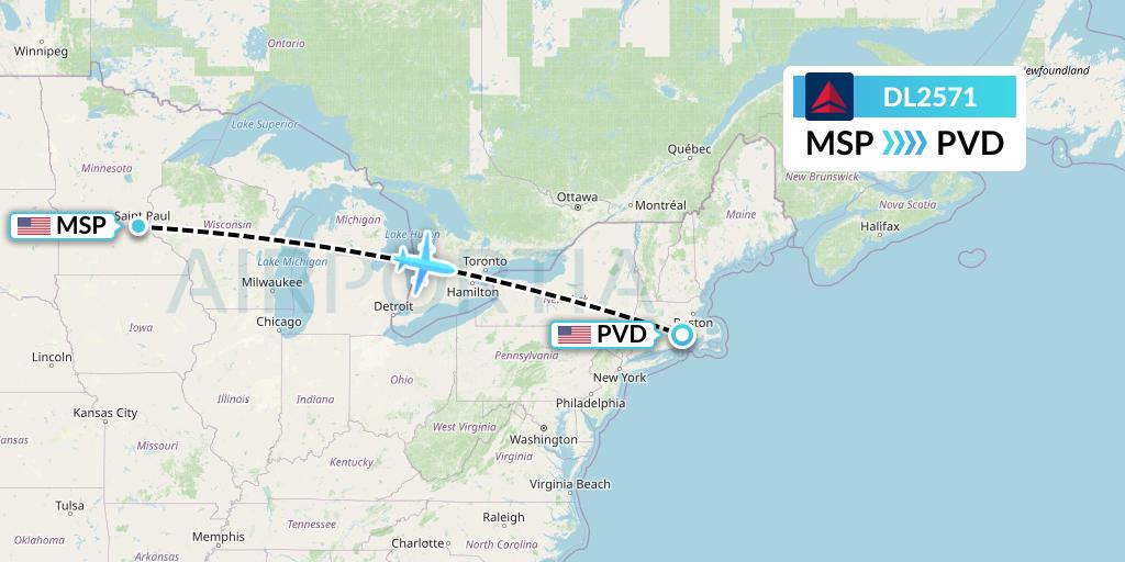 DL2571 Delta Air Lines Flight Map: Minneapolis to Providence