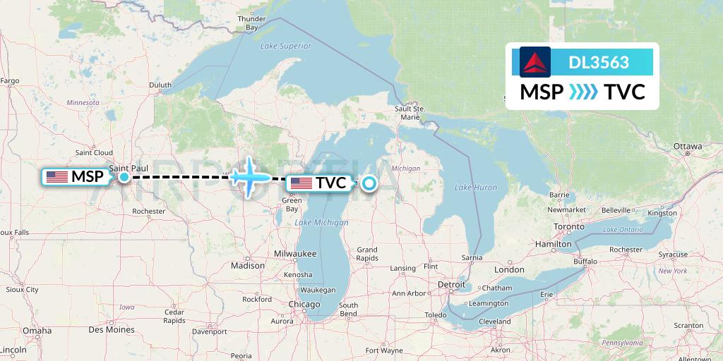 DL3563 Delta Air Lines Flight Map: Minneapolis to Traverse City