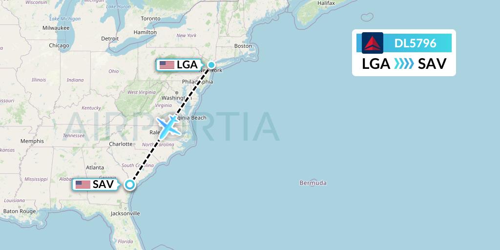 DL5796 Delta Air Lines Flight Map: New York to Savannah