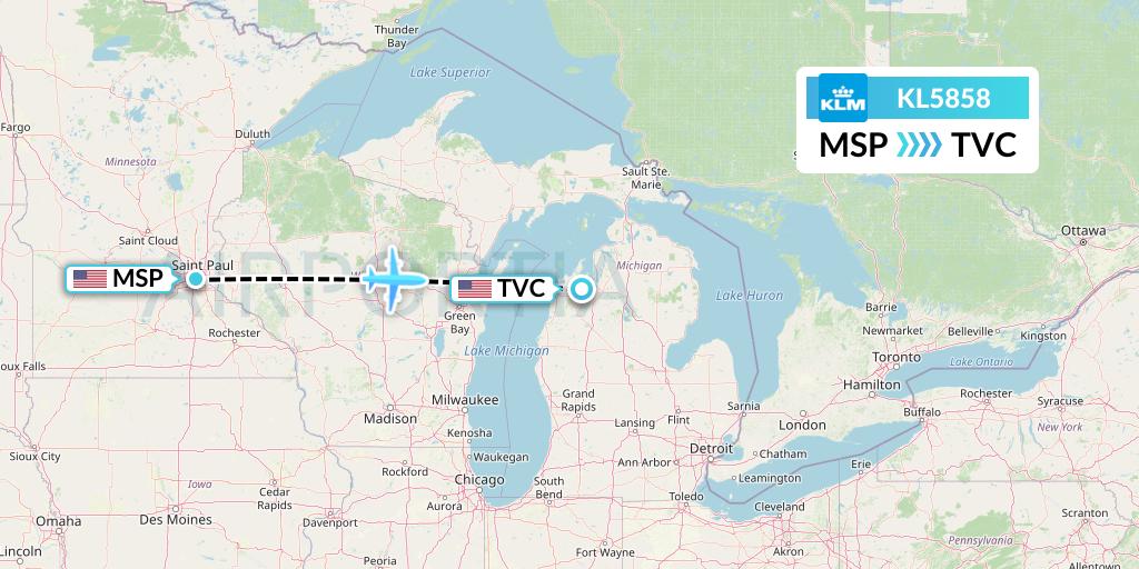 KL5858 KLM Flight Map: Minneapolis to Traverse City