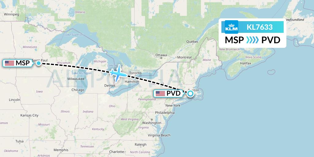 KL7633 KLM Flight Map: Minneapolis to Providence