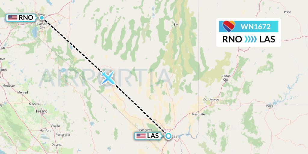 WN1672 Southwest Airlines Flight Map: Reno to Las Vegas