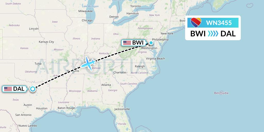 WN3455 Southwest Airlines Flight Map: Baltimore to Dallas