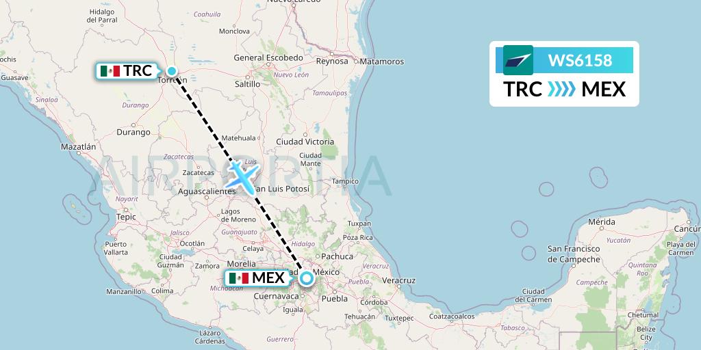 WS6158 WestJet Flight Map: Torreon to Mexico City