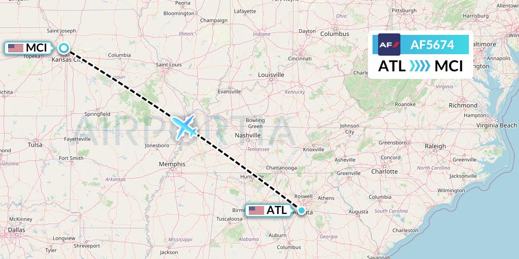 AF5674 Air France Flight Map: Atlanta to Kansas City