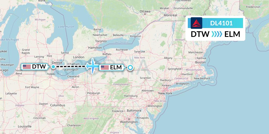DL4101 Delta Air Lines Flight Map: Detroit to Elmira