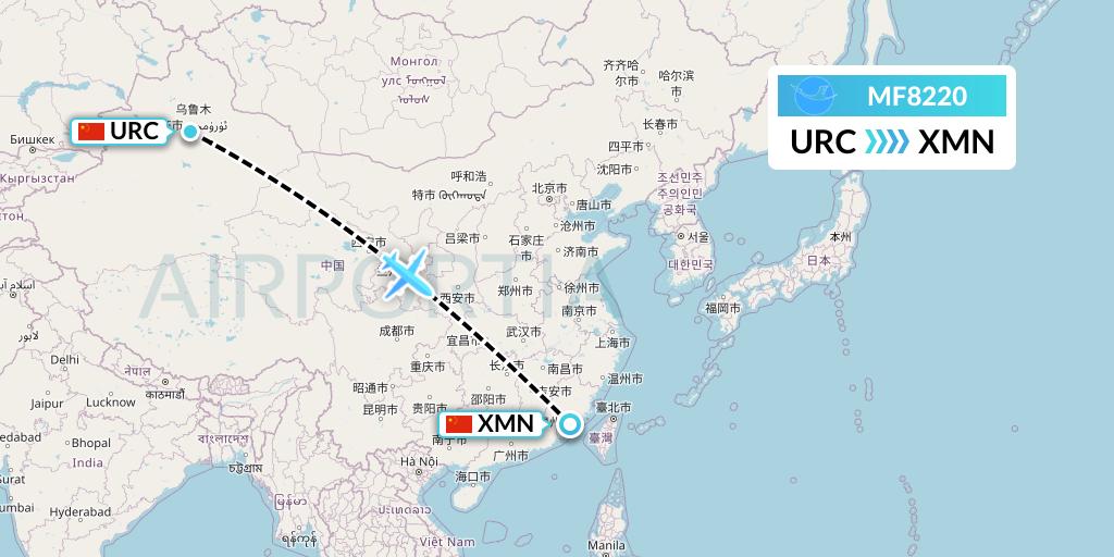 MF8220 Xiamen Airlines Flight Map: Urumqi to Xiamen