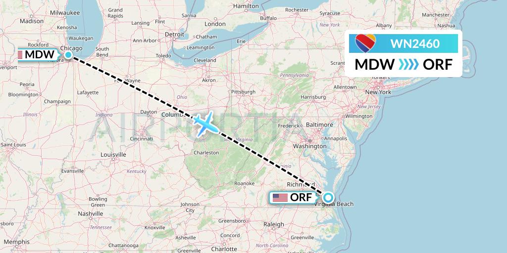 WN2460 Southwest Airlines Flight Map: Chicago to Norfolk