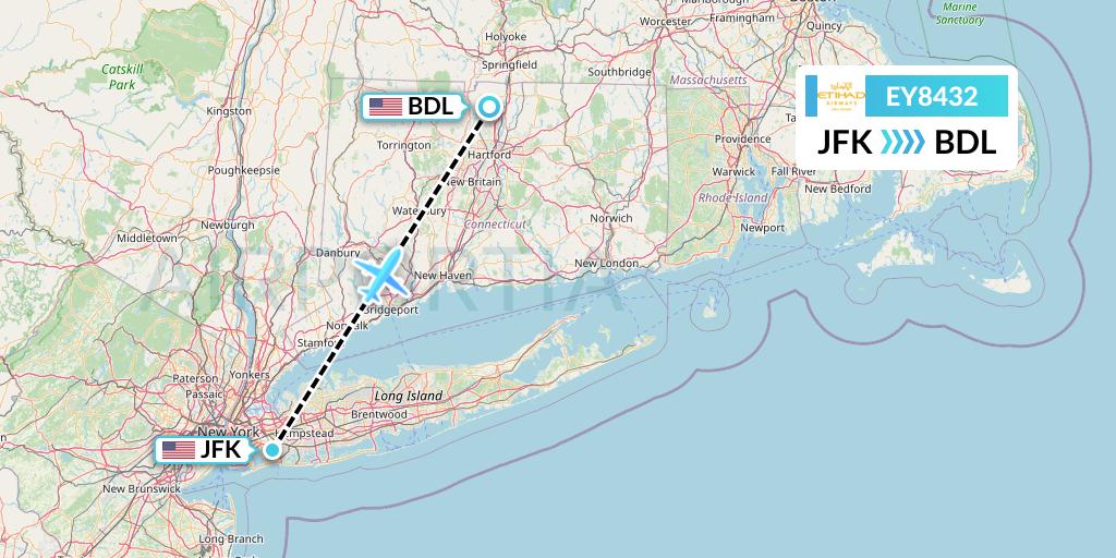 EY8432 Etihad Airways Flight Map: New York to Windsor Locks