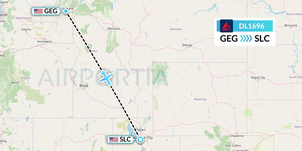 DL1696 Delta Air Lines Flight Map: Spokane to Salt Lake City