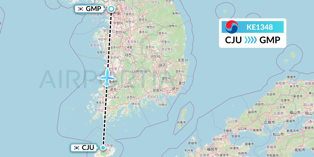 KE1348 Korean Air Flight Map: Jeju to Seoul