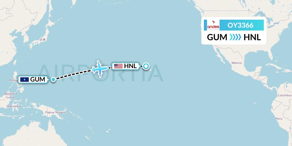 OY3366 Omni Air International Flight Map: Guam to Honolulu