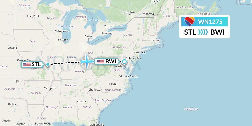 WN1275 Southwest Airlines Flight Map: St. Louis to Baltimore