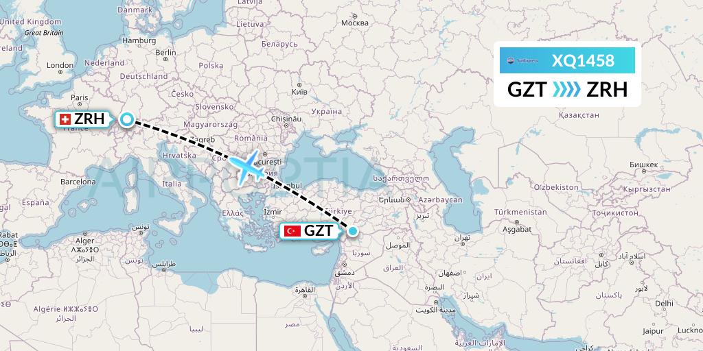 XQ1458 SunExpress Flight Map: Gaziantep to Zurich