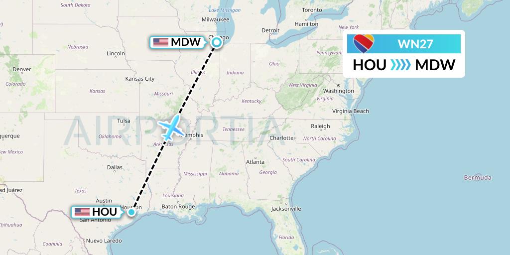 WN27 Southwest Airlines Flight Map: Houston to Chicago