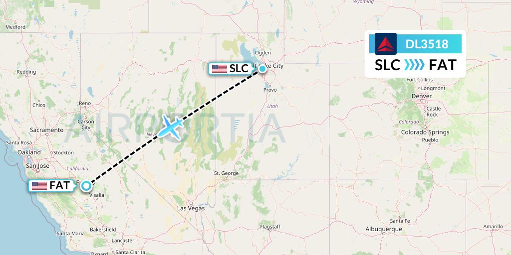 DL3518 Delta Air Lines Flight Map: Salt Lake City to Fresno