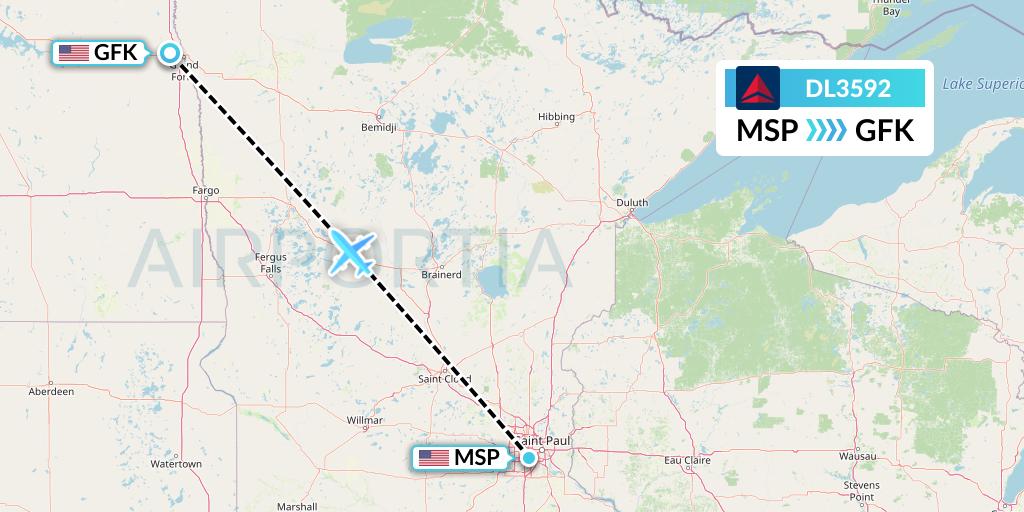 DL3592 Delta Air Lines Flight Map: Minneapolis to Grand Forks