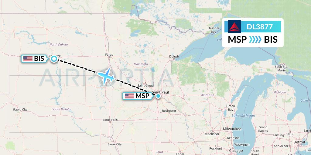 DL3877 Delta Air Lines Flight Map: Minneapolis to Bismarck