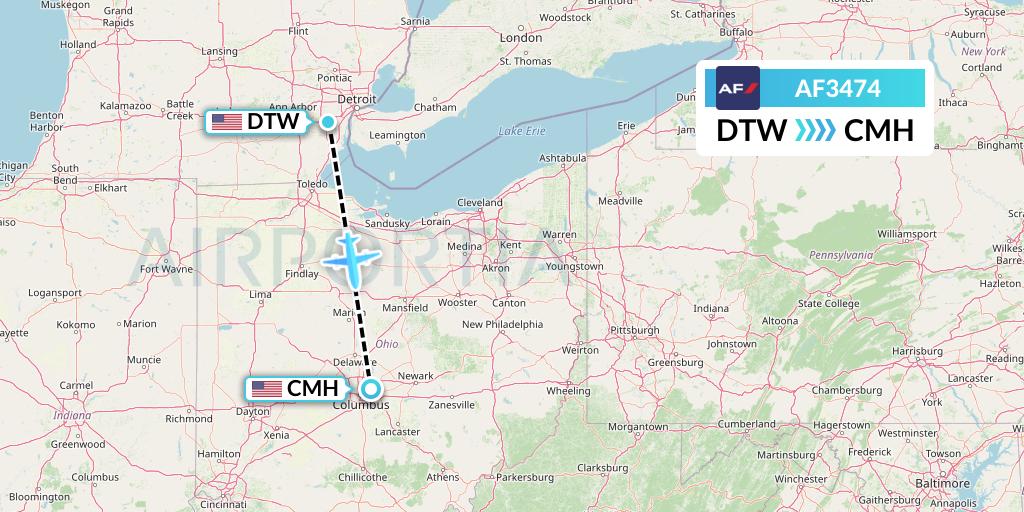 AF3474 Air France Flight Map: Detroit to Columbus