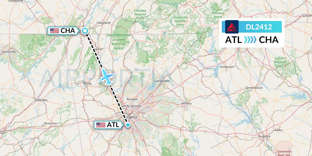 DL2412 Delta Air Lines Flight Map: Atlanta to Chattanooga