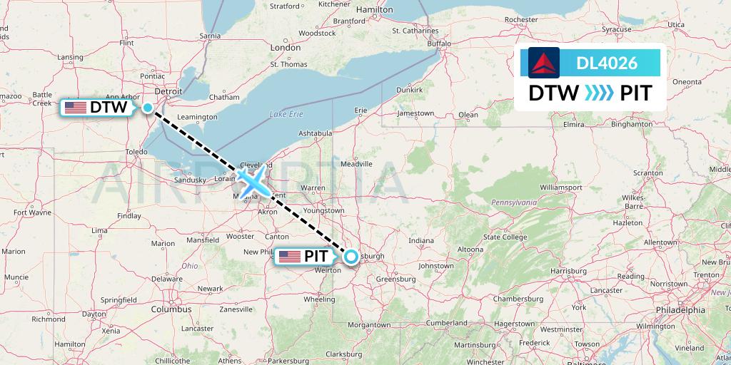 DL4026 Delta Air Lines Flight Map: Detroit to Pittsburgh