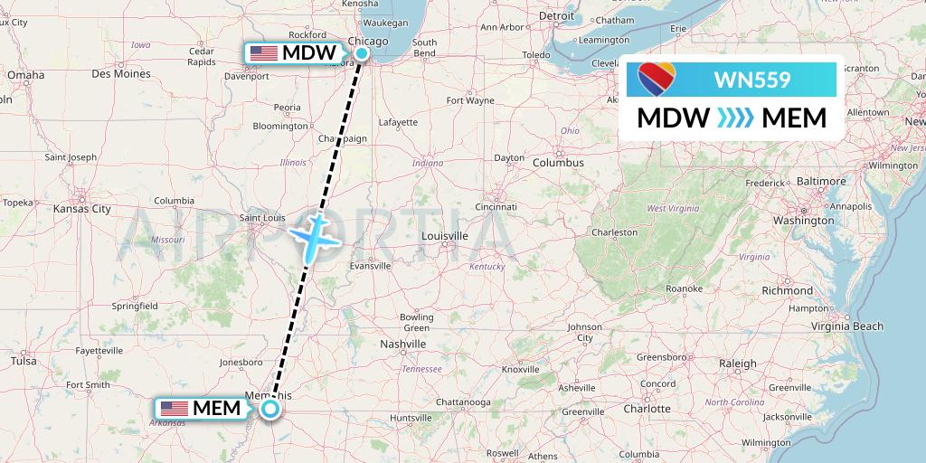 WN559 Southwest Airlines Flight Map: Chicago to Memphis