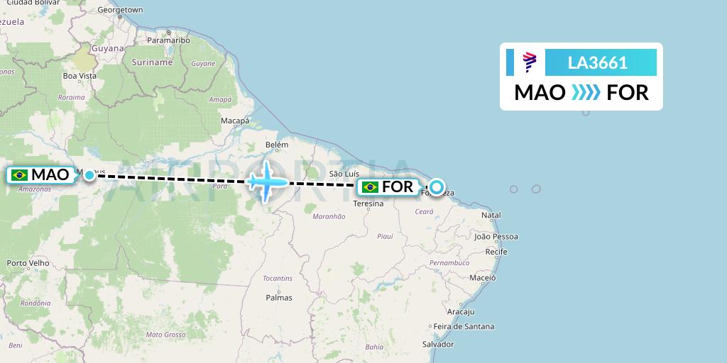 LA3661 LAN Airlines Flight Map: Manaus to Fortaleza