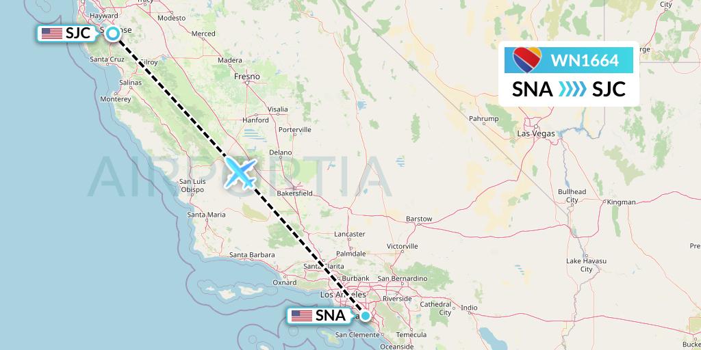 WN1664 Southwest Airlines Flight Map: Orange County to San Jose