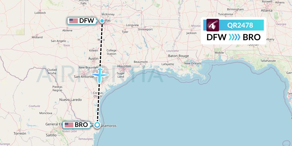 QR2478 Qatar Airways Flight Map: Dallas to Brownsville