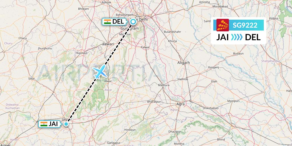 SG9222 SpiceJet Flight Map: Jaipur to Delhi