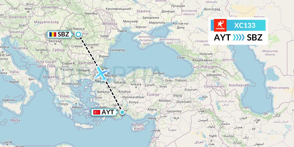 XC133 Corendon Airlines Flight Map: Antalya to Sibiu