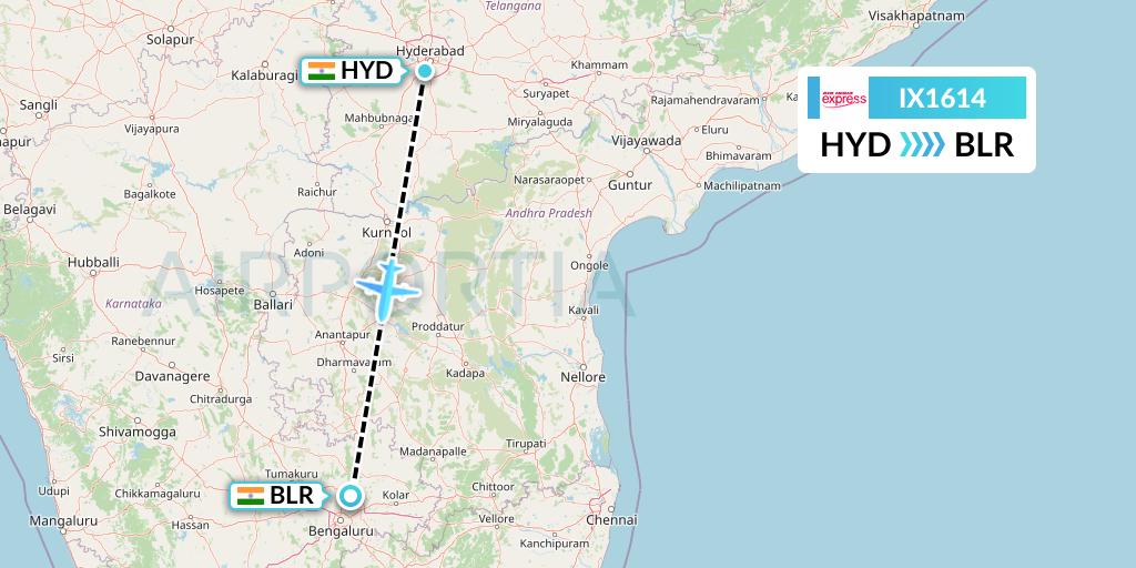 IX1614 Air India Express Flight Map: Hyderabad to Bangalore
