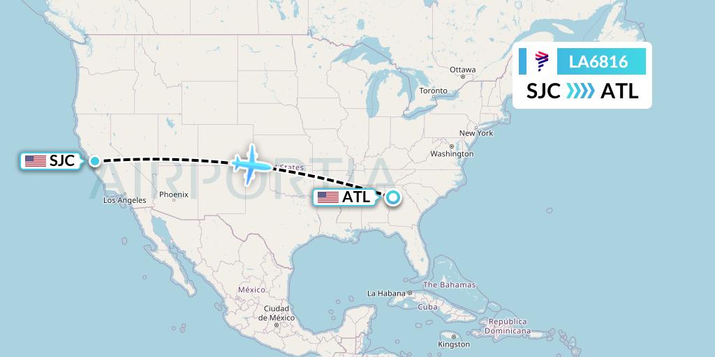 LA6816 LAN Airlines Flight Map: San Jose to Atlanta