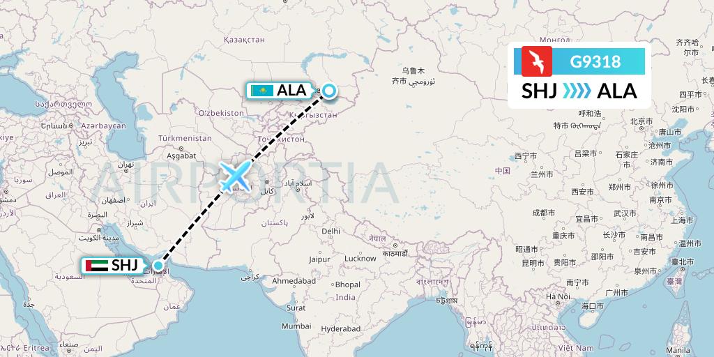 G9318 Air Arabia Flight Map: Sharjah to Almaty
