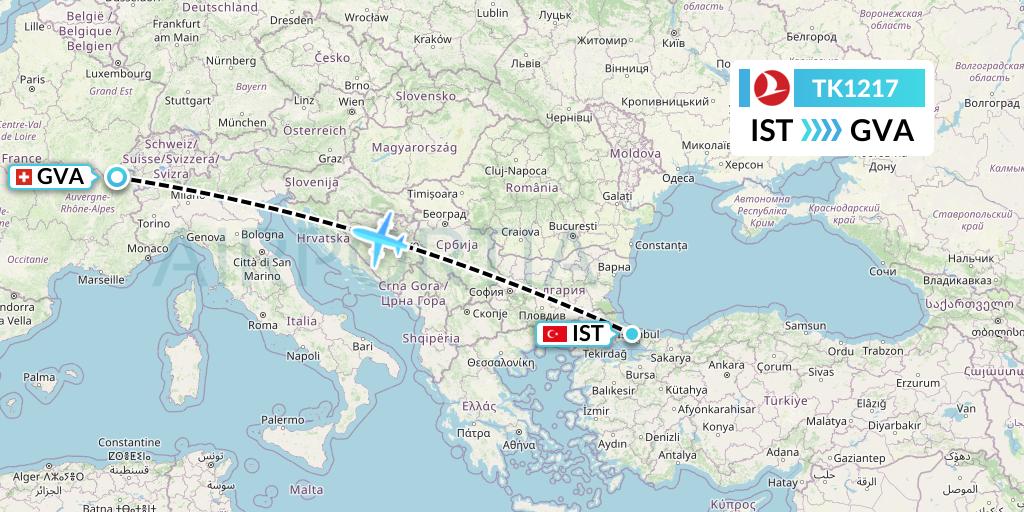 TK1217 Turkish Airlines Flight Map: Istanbul to Geneva
