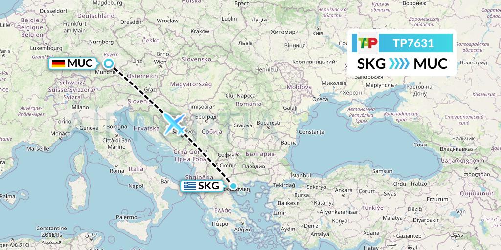 TP7631 TAP Portugal Flight Map: Thessaloniki to Munich
