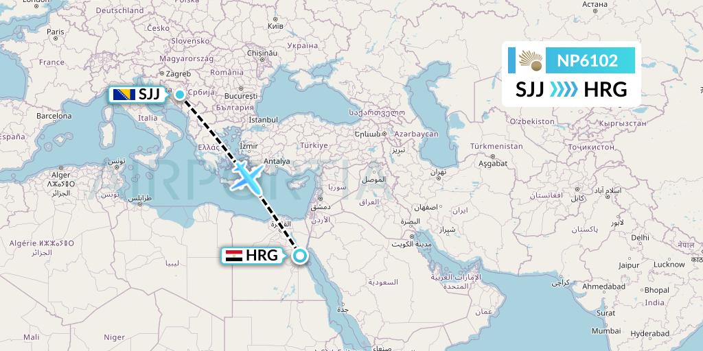 NP6102 Nile Air Flight Map: Sarajevo to Hurghada