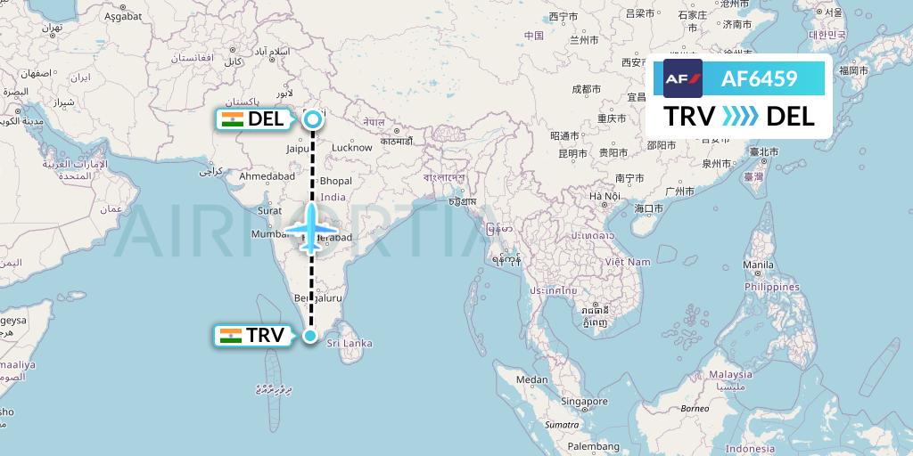 AF6459 Air France Flight Map: Thiruvananthapuram to Delhi