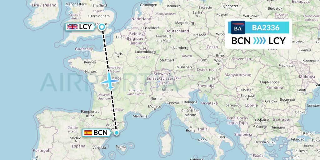 BA2336 British Airways Flight Map: Barcelona to London