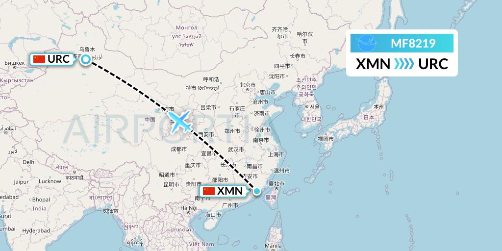 MF8219 Xiamen Airlines Flight Map: Xiamen to Urumqi