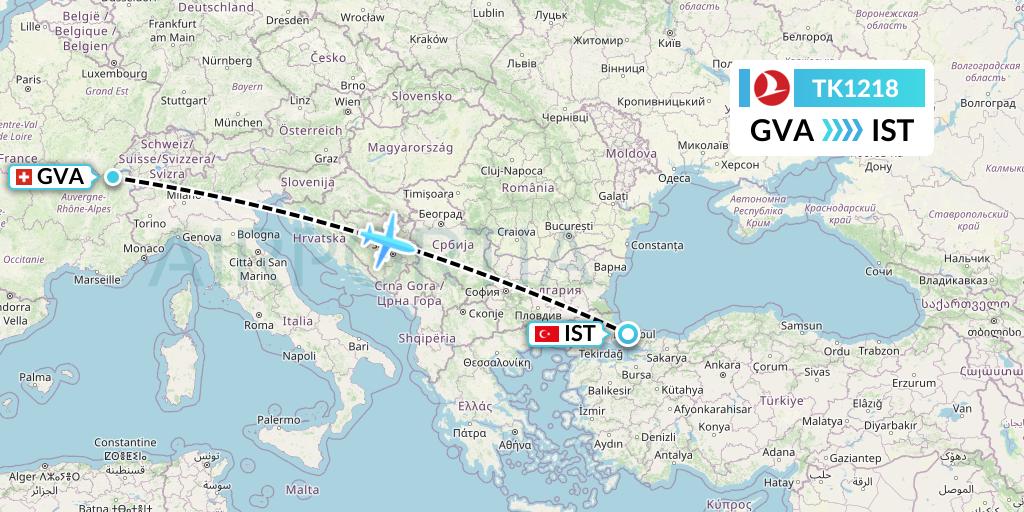 TK1218 Turkish Airlines Flight Map: Geneva to Istanbul