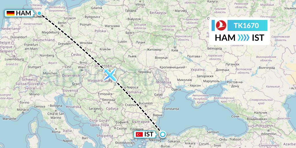 TK1670 Turkish Airlines Flight Map: Hamburg to Istanbul