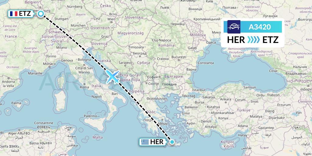 A3420 Aegean Airlines Flight Map: Heraklion to Metz-Nancy