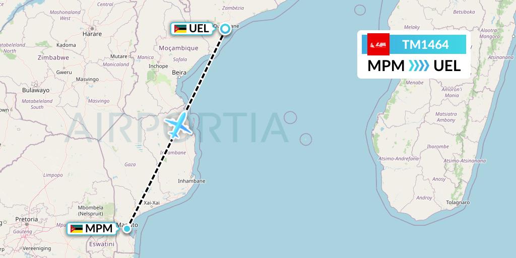 TM1464 LAM Mozambique Airlines Flight Map: Maputo to Quelimane