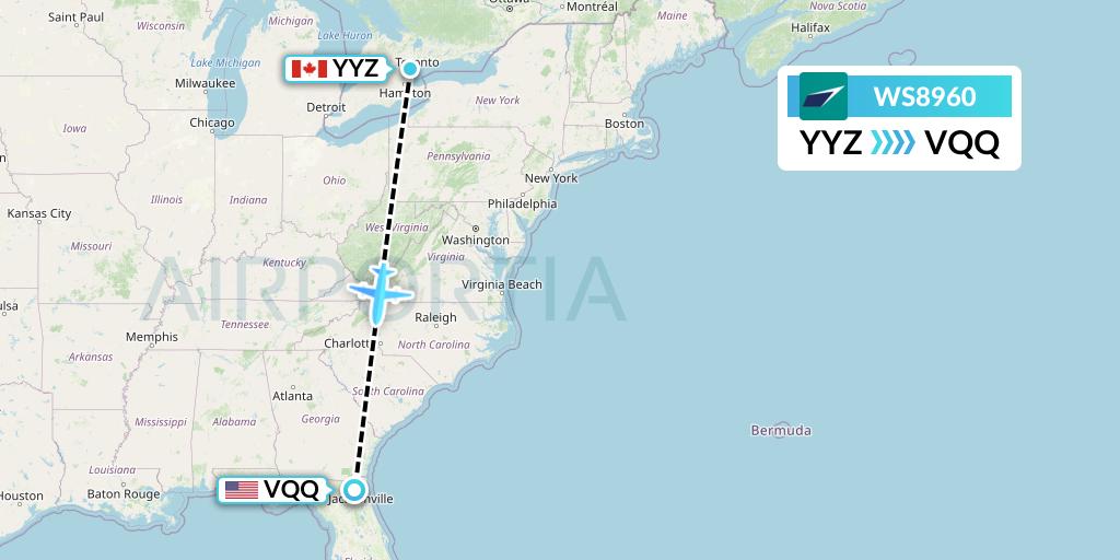 WS8960 WestJet Flight Map: Toronto to Jacksonville