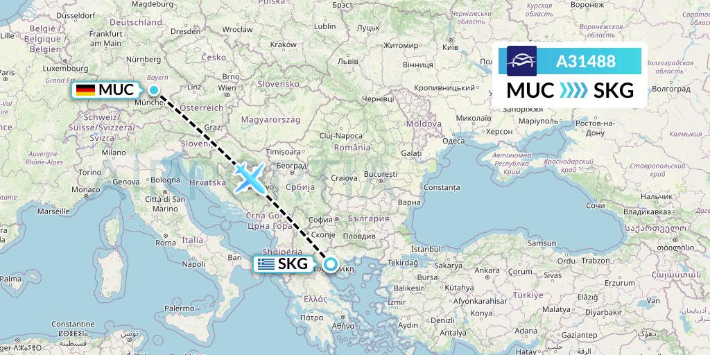 A31488 Aegean Airlines Flight Map: Munich to Thessaloniki
