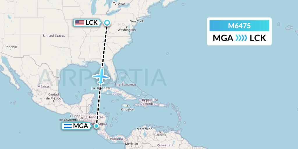M6475 Amerijet International Flight Map: Managua to Columbus
