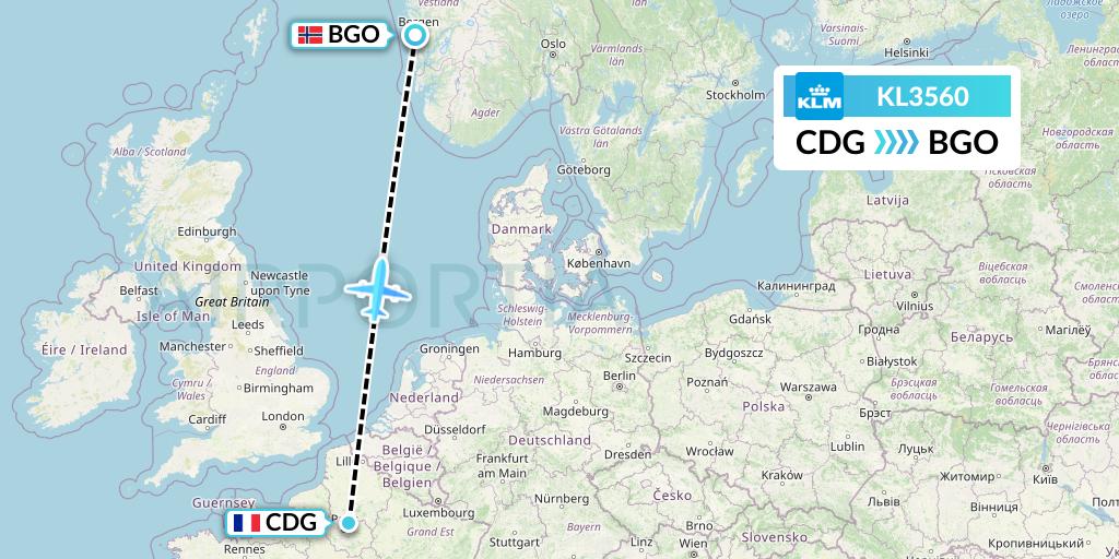 KL3560 KLM Flight Map: Paris to Bergen