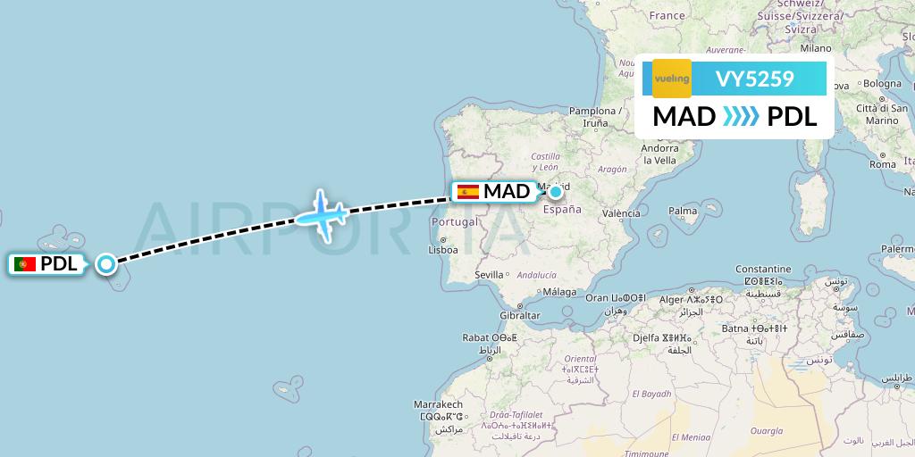 VY5259 Vueling Flight Map: Madrid to Ponta Delgada